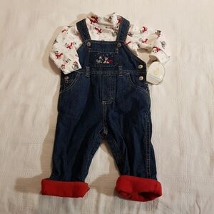 First Moments boys 3-6 months jean overalls & bodysuit NWT Holiday